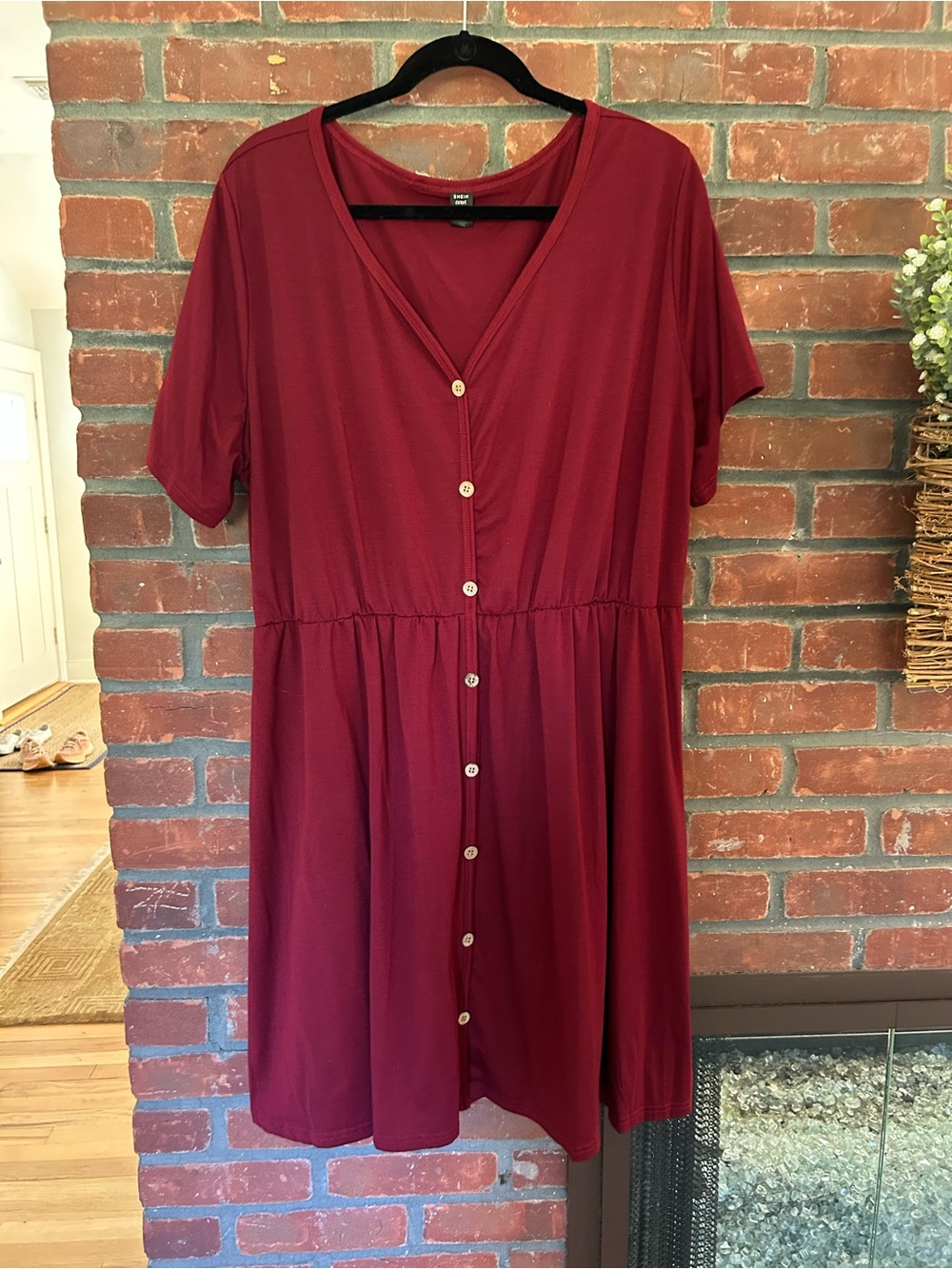 SHEIN Burgundy Button-Front V-Neck Short Sleeve Dress